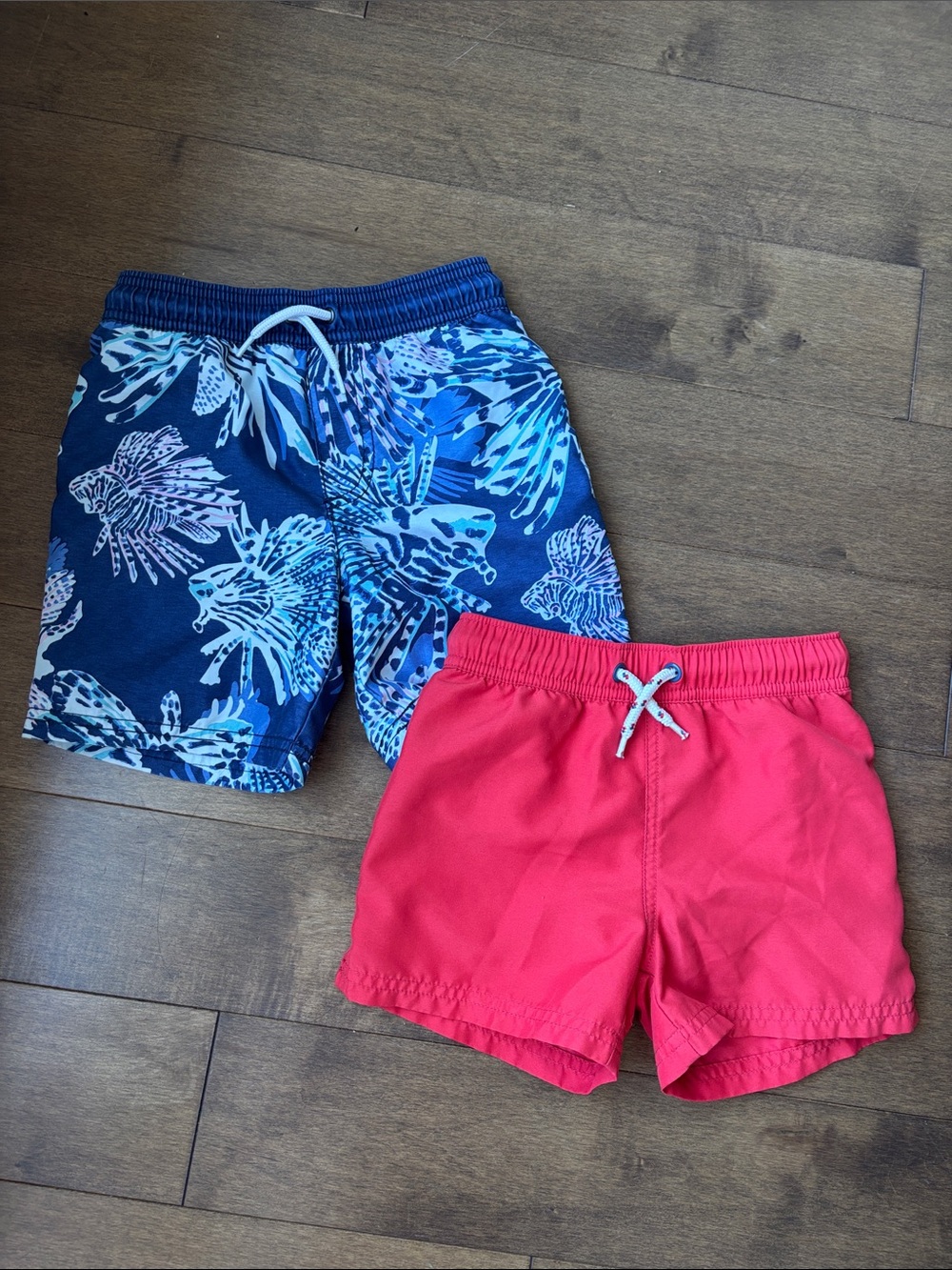 Kids' Swim Shorts - Navy Tropical & Coral Red